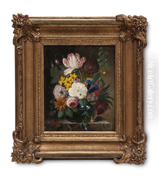 Blumenstillleben Mit Tulpen, Rosen Und Narzissen In Glaserner Vase Oil Painting by Franz Xaver Pieler