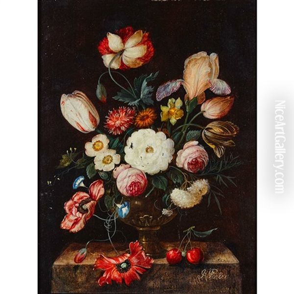 Stillleben Mit Blumenstrauss Und Kirschenpaar Oil Painting by Franz Xaver Pieler