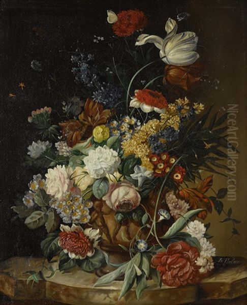 A Still Life With A Bouquet Of Flowers On A Marble Ledge Oil Painting by Franz Xaver Pieler