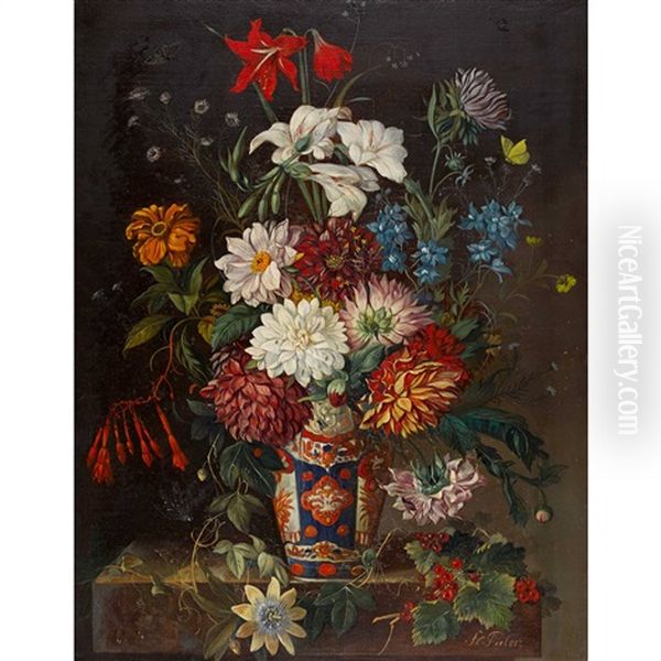 Prachtiges Blumenstuck Mit Schmetterling Und Libelle Oil Painting by Franz Xaver Pieler