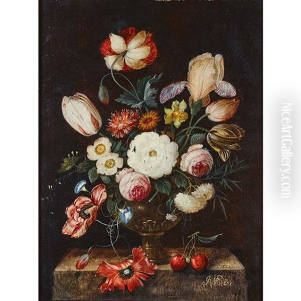 Stillleben Mit Blumenstrauss Und Kirschenpaar by Franz Xaver Pieler