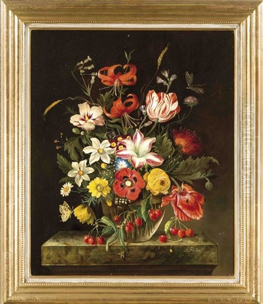 Blumenbouquet Mit Einer Asuwahl Exotischer Blumen, Diversen Insekten U. Kirschen Uber Einem Trompe-l'oeil Sockel Oil Painting by Franz Xaver Pieler