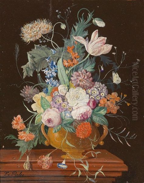 Blumenstuck In Henkelvase Mit Schmetterlingen Oil Painting by Franz Xaver Pieler