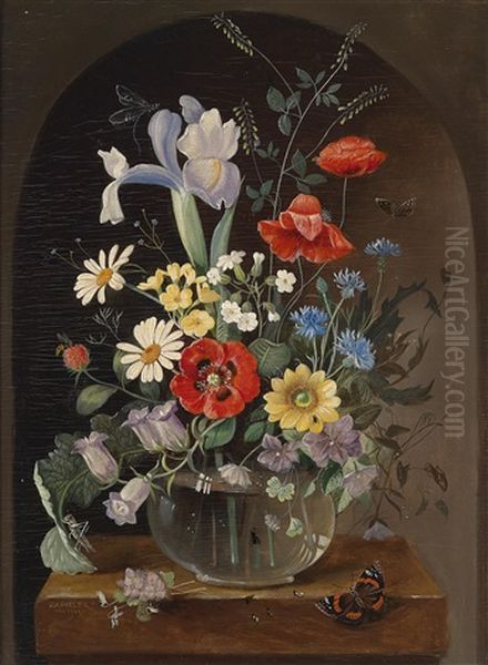 Blumenstuck In Glasvase Mit Schmetterling Oil Painting by Franz Xaver Pieler