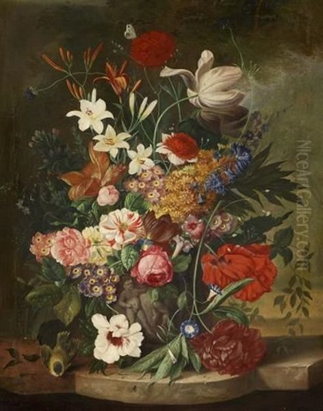 Groses Blumenstillleben Mit Insekten Und Einer Meise by Franz Xaver Pieler