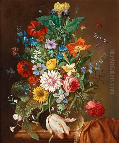 Blomsterstilleben Med Tulpan, Pion, Iris, Vallmo, Pasklilja Och Blaklint Oil Painting by Franz Xaver Pieler