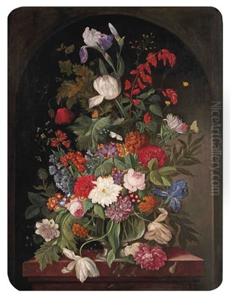 Pink Roses, Peonies, Lilies And Various Other Flowers In A Glass Vase On A Marble Edge In A Stone Ledge Oil Painting by Franz Xaver Pieler