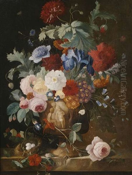 Blumenstilleben- Bunte Blumen In Einer Vase Mit Puttendekor Auf Einem Steinpodest Oil Painting by Franz Xaver Pieler