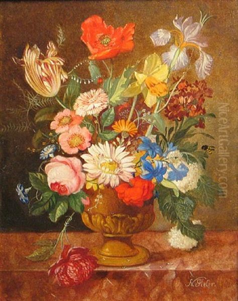 A Still Life With Flowers In An Urn Oil Painting by Franz Xaver Pieler