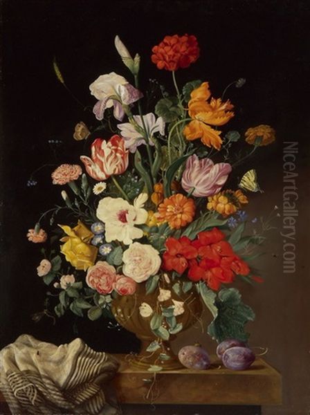 Blumenstillleben Mit Pflaumen Oil Painting by Franz Xaver Pieler