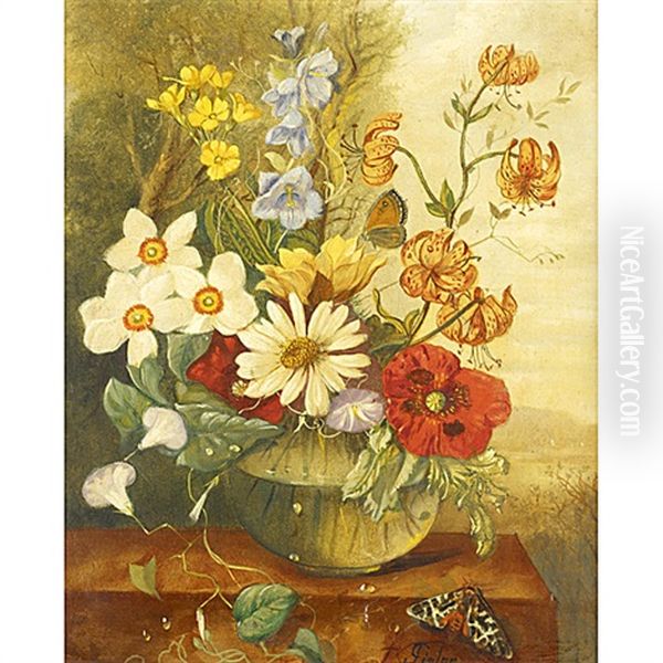 Still Life Of Flowers (+ Another; 2 Works) Oil Painting by Franz Xaver Pieler