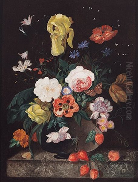 Blumenstilleben Mit Insekten Vor Dunklem Hintergrund Oil Painting by Franz Xaver Pieler