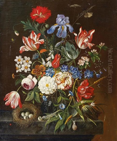 Blumenstillleben Mit Vogelnest Oil Painting by Franz Xaver Pieler