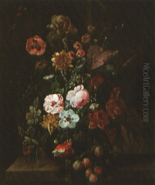 A Monumental Floral Still Life With Butterfly, Dragonfly, And Grasshopper Oil Painting by Franz Xaver Pieler