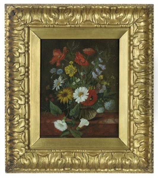 Summer Flowers In A Glass Vase On A Marble Ledge Oil Painting by Franz Xaver Pieler