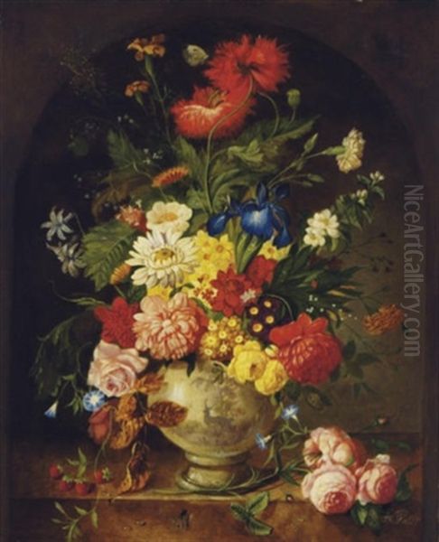 Floral Still Life With Strawberries On A Ledge Oil Painting by Franz Xaver Pieler