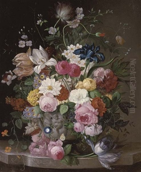 Summer Blooms In A Classical Urn Oil Painting by Franz Xaver Pieler