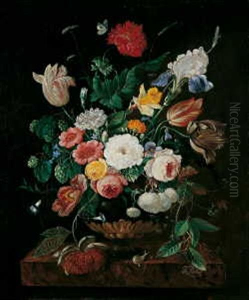 Blumenstilleben. Auf Einer Steinplatte Ein Buntes Arrangement Oil Painting by Franz Xaver Pieler