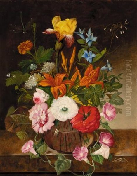 Still Life With Dragonfly And Flowers (+ Still Life With Moth And Flowers; Pair) by Franz Xaver Pieler