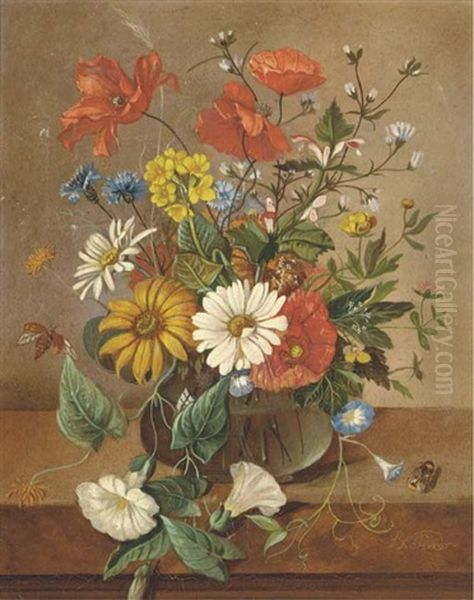 Poppies And Daisies Amidst Other Summer Flowers In A Vase Oil Painting by Franz Xaver Pieler