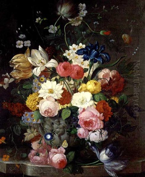 Roses, Tulips, Narcissae, Chrysanthemums And Other Summer Blooms In A Classical Urn On A Ledge Oil Painting by Franz Xaver Pieler