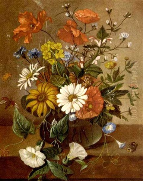 Poppies And Daisies Amidst Other Summer Flowers In A Vase Oil Painting by Franz Xaver Pieler