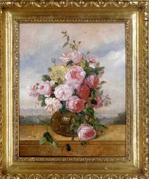 Roses In A Glass Vase, A Landscape Beyond Oil Painting by Franz Xaver Pieler