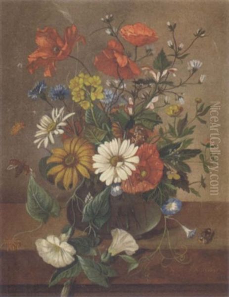 Poppies And Daisies Amidst Other Summer Flowers In A Vase Oil Painting by Franz Xaver Pieler