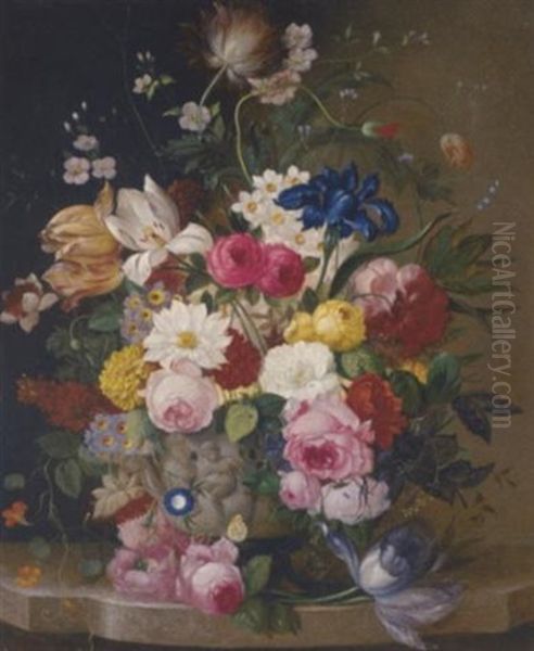 Summer Flowers In A Carved Stone Bowl Oil Painting by Franz Xaver Pieler