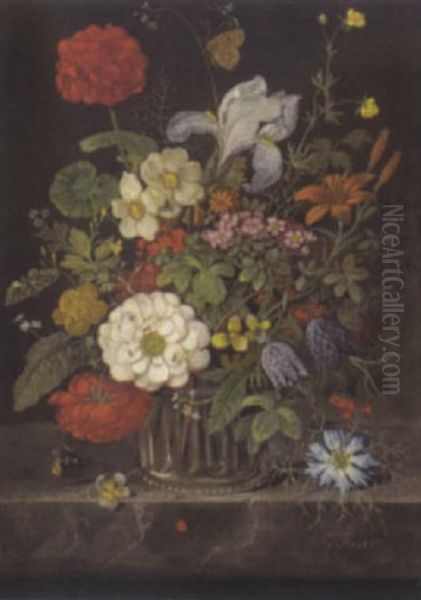 Blumenstraus In Glasvase Mit Schmetterlingen by Franz Xaver Pieler