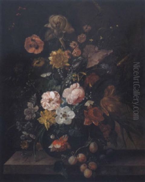 Groses Blumenstilleben Mit Zwetschgen-zweig Und Libelle Oil Painting by Franz Xaver Pieler