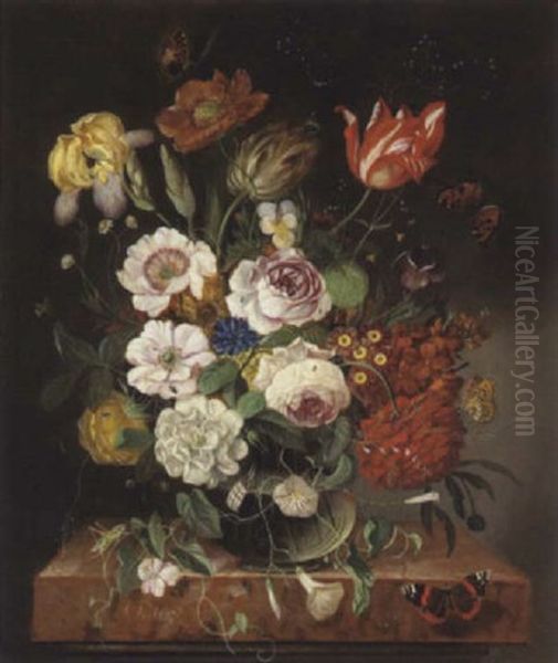 Blumenstilleben Mit Schmetterlingen Und Heuschrecke by Franz Xaver Pieler