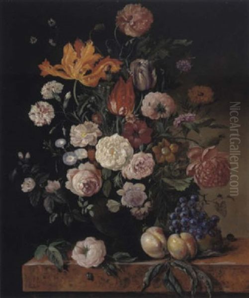 Groses Blumenstilleben Mit Fruchten Und Insekten Oil Painting by Franz Xaver Pieler