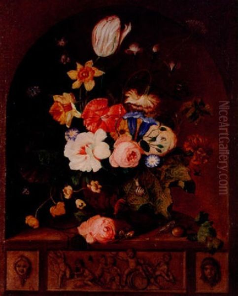 Still Life Of A Vase Of Flowers, A Grasshopper, Butterfly, Snail And Bee In An Alcove by Franz Xaver Pieler