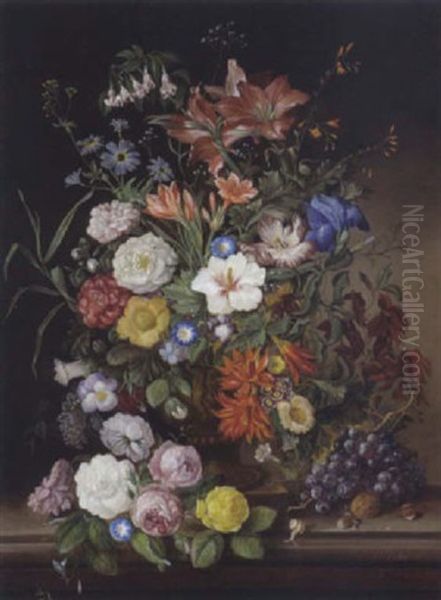 Groses Blumenstuck Mit Amarylis, Teerosen, Ackerwinden In Steinvase Oil Painting by Franz Xaver Pieler