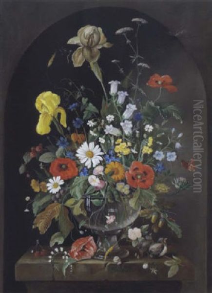 Blumenstraus In Einer Glasvase Mit Einem Schmetterling, Libellen, Einem Marienkafer Und Zwei Vogeln by Franz Xaver Pieler