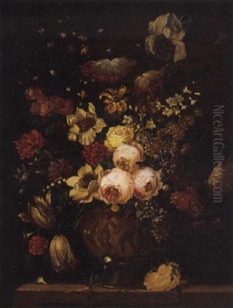 Tulips, Carnations, Wild Roses, Irises And Chrysanthemums In An Urn On A Ledge by Franz Xaver Pieler