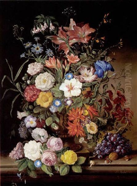 Groses Blumenstuck Mit Amarylis, Teerosen, Ackerwinden In Steinvase by Franz Xaver Pieler