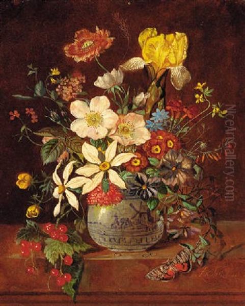 Mixed Roses In A Glass Vase With A Butterfly On A Ledge, A Landscape Beyond by Franz Xaver Pieler