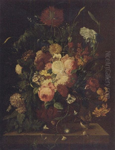 Roses, Irises, Daffodils, Carnations And Other Flowers In A Vase On A Ledge Oil Painting by Franz Xaver Pieler