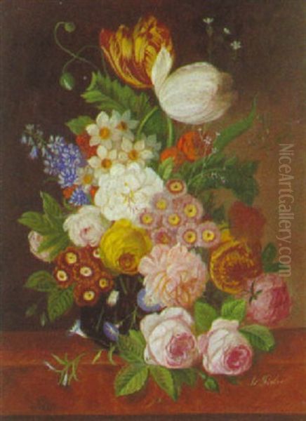 Blumenstilleben Mit Rosen, Tulpen Und Anderen Blumen In Dunkler Vase Oil Painting by Franz Xaver Pieler