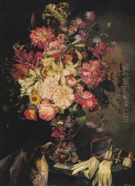 Bunter Blutenstraus In Vase, Saffianhandschuhe, Operngucker Und Tuch by Franz Xaver Pieler