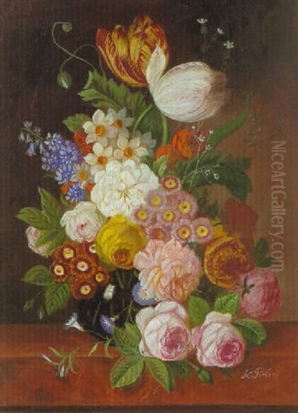 Blumenstilleben Mit Rosen, Tulpen Und Anderen Blumen In Dunkler Vase Oil Painting by Franz Xaver Pieler