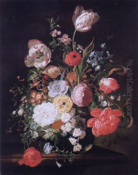 Still Life Of Tulips, Roses, Peonies And Other Flowers In A Glass Vase Oil Painting by Franz Xaver Pieler