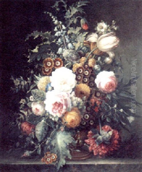 Roses, Peonies, Tulips, And Summer Flowers In A Vase On A Marble Ledge Oil Painting by Franz Xaver Pieler