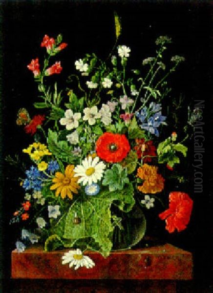 A Vase Of Flowers With A Snail And A Grasshopper Oil Painting by Franz Xaver Pieler