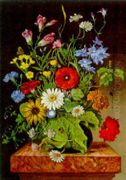 A Vase Of Flowers With A Dragonfly Oil Painting by Franz Xaver Pieler