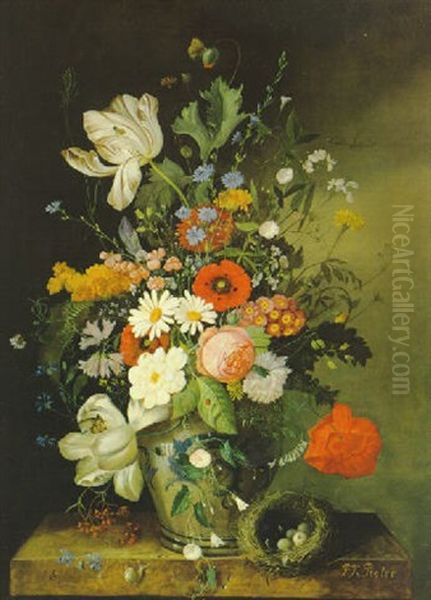 Blumenstraus Mit Tulpen, Pfingstrosen, Margeriten Und Anderen Feldblumen In Einer Keramikvase by Franz Xaver Pieler