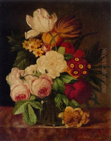 Peonies, Dahlias, Tulips, Roses And Other Flowers Oil Painting by Franz Xaver Pieler