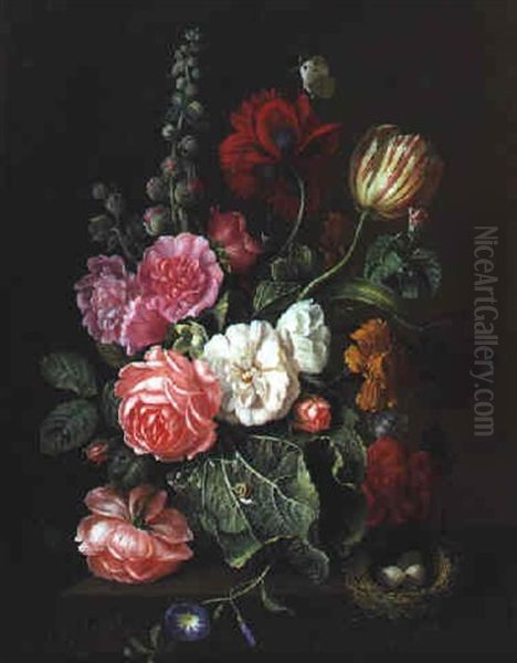 Ein Blumenstraus Von Rosen, Pfingstrose, Tulpe Und Anderen Blumen Mit Einem Schmetterling Oil Painting by Franz Xaver Pieler